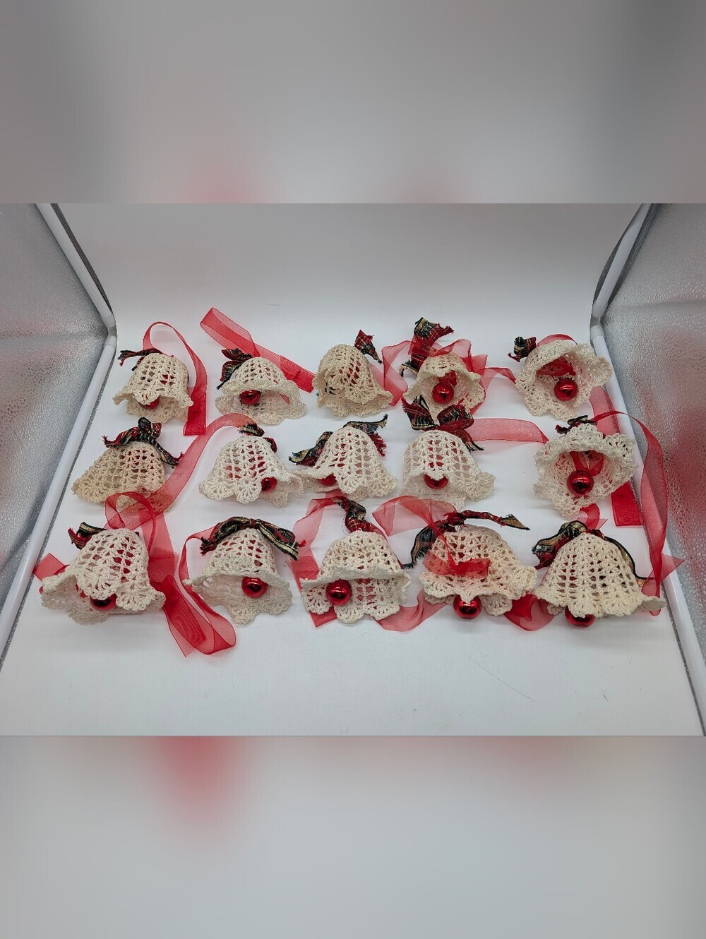 Handmade Crochet Bell Ornaments with Red Ribbons Set Of 15